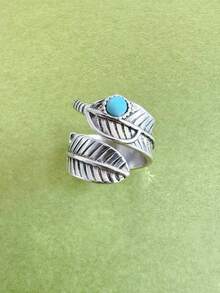 Anillo abierto de pluma turquesa de estilo bohemio y vintage, 1 pieza - Multicolor - Ver 6