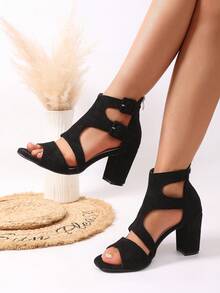 Women's Shoes, Women's Sandals, Women's High Heel Sandals, New European Style Thick High Heel Women's Sandals, Round Toe Criss-Cross Strap Open Toe Women's Sandals, Fashionable Hollow Out Buckle Women's Sandals, Sexy Versatile Women's Chic Black Sandals, Suitable For Daily Outings, Shopping, Parties, Dates, Commuting - Black - View 1