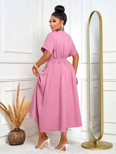 Women's Plus Size Pink Elegant V Neck Short Sleeve Tie-Waist Midi Dress Office Sweet Fashion Dresses