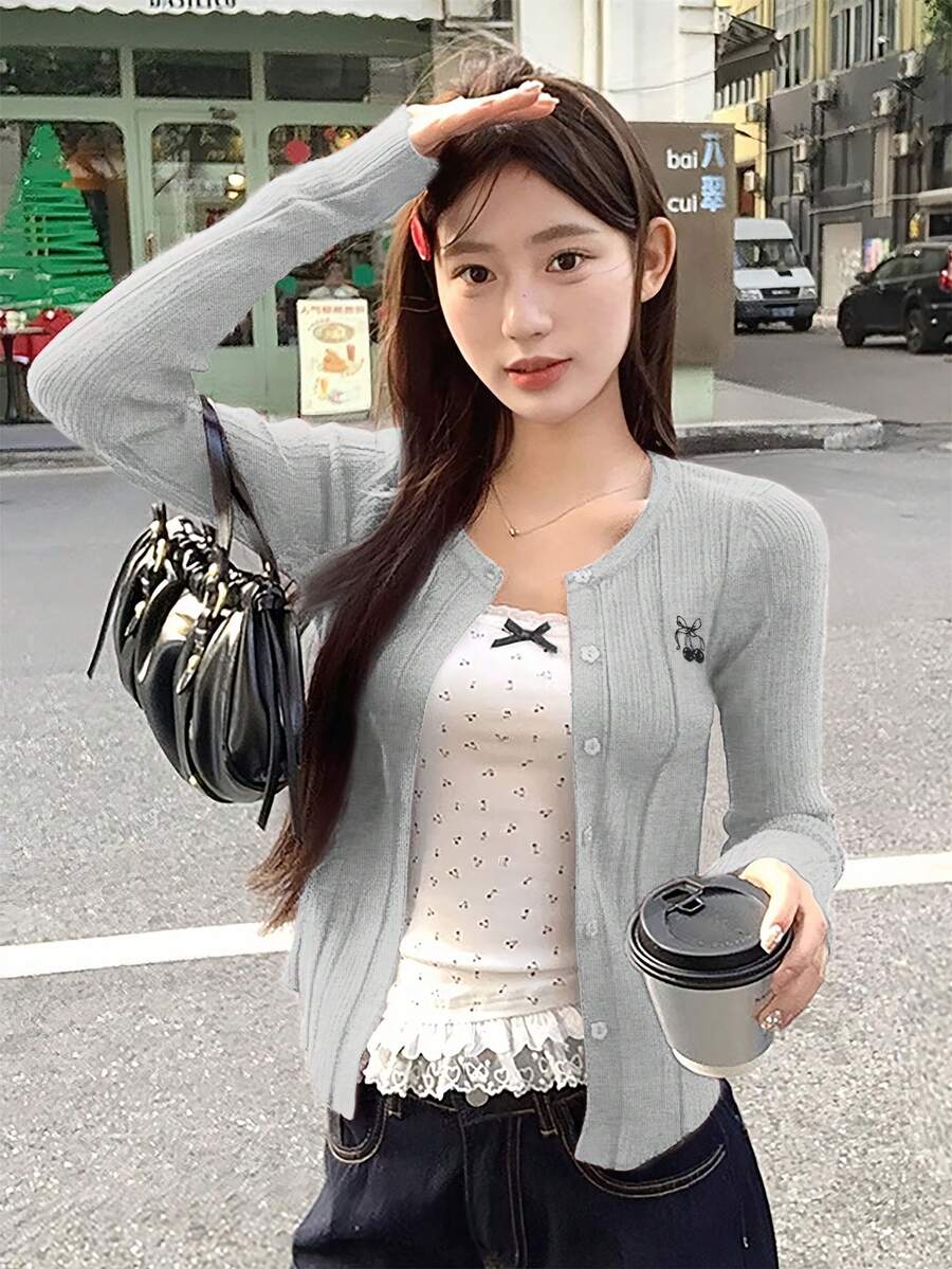 Áo khoác len dệt kim màu đỏ ôm vừa vặn dành cho nữ, trang phục đa năng, kiểu dáng mỏng, phong cách mới cho mùa thu/đông - Xám - Xem 1