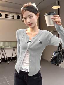 Áo khoác len dệt kim màu đỏ ôm vừa vặn dành cho nữ, trang phục đa năng, kiểu dáng mỏng, phong cách mới cho mùa thu/đông - Xám - Xem 6