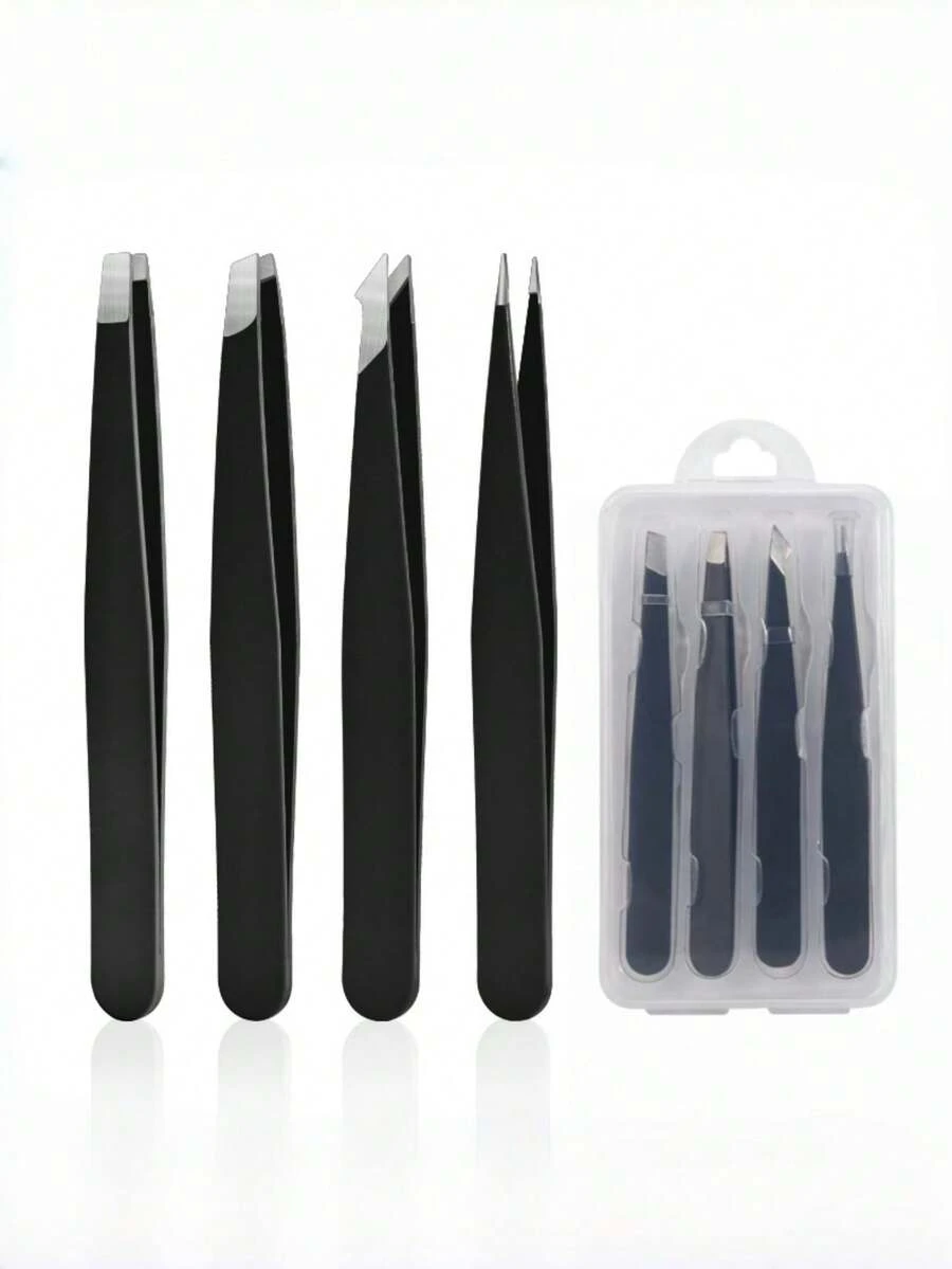 Fadvan 镊子套装 4 件装 专业不锈钢镊子 精密镊子 适用于睫毛嫁接、眉毛、面部黑头 - 黑色 - 查看 1
