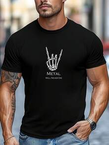 Camiseta gráfica de dedo de calavera para hombres - 100% algodón. Camiseta Casual de Cuello Redondo y Manga Corta para Todas las Estaciones - Negro - Ver 1