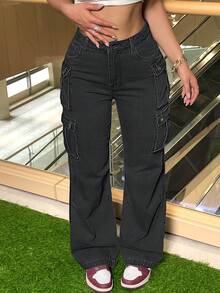 Women's Plus Size Loose Jeans Street Fashion Multi-Pocket Flared Hem, Office Non-Stretch Ladies Daily Wear. - 黑色 - 查看 6