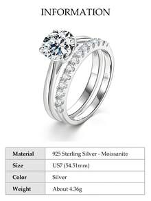 XUJIA 1 Set de Anillo de Boda y Aniversario de Plata de Ley 925 con Corte Redondo de Moissanita de 8mm y 2mm, Diseño de 4 Garras para Mujer - Plateado - Ver 23