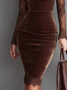 Party  Elegant    Cut Out  Contrast Lace  Zipper    Night Out    Vestido Corto Vestidos Cortos Elegantes Vestido Casual Mujer - Cà phê - Xem 4