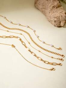 5pcs/Set Minimalist Metal Chain Pendant, Heart & Pearl Decor Layered Anklet Jewelry Set, Suitable For Daily Wear, Casual, Party, Gift - 28838-ank-g-3-eP - View 6