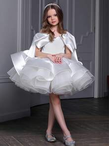 Young Girl White Bow Tulle Elegant Party Dress, Princess Dress Suitable For Girls Birthday Party, Wedding Flower Girl, Prom, Luxury Evening Gown, Easter, Graduation - White - View 4