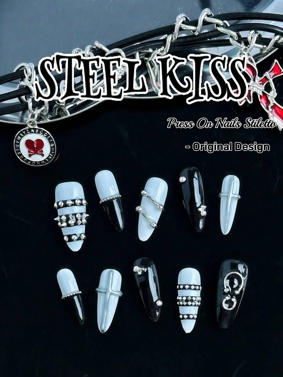 原创设计，手工制作，10件套朋克风亚克力美甲套装，按压式尖头美甲片，白色透明甲片，黑色法式甲片，Y2K美甲，3D十字架，独特造型，重金属朋克美甲。完美展现指尖的铬合金铆钉，增添个性魅力。 - 彩色 - 查看 1