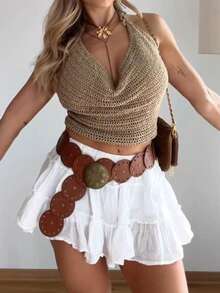 Live To Mo 女士夏季上衣，Y2K 性感露背垂褶领吊带露脐上衣，完美适用于派对、约会、海滩度假、情人节和日常穿着。 - 卡其色 - 查看 9