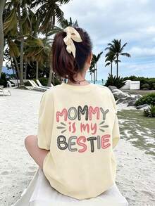 少女标语印花短袖休闲圆领T恤 - 杏色 - 查看 1