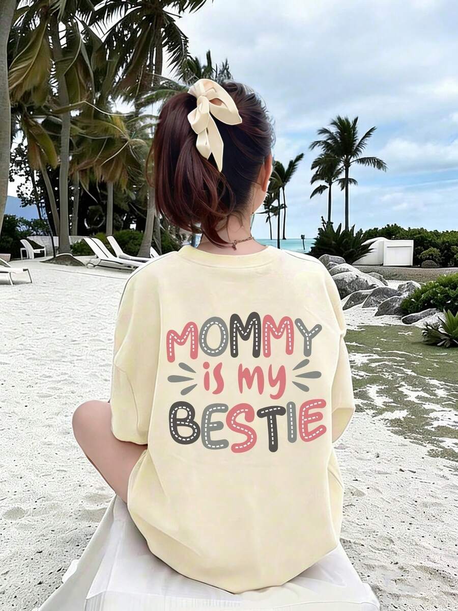 少女标语印花短袖休闲圆领T恤 - 杏色 - 查看 1