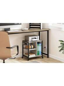 Soporte de impresora de escritorio con estación de carga, Mesa de impresora industrial con 3 estantes de almacenamiento, Carrito de impresora pesada móvil con ruedas bloqueables para almacenamiento de papel, Oficina en casa - Gris - Ver 7