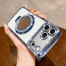 حافظة هاتف مطلية بالكريستال اللامع مع حماية العدسة، مرآة مكياج لامعة وحامل خاتم للأصبع، إطار مقاوم للصدمات عالي الجودة، متوافقة مع أجهزة 17/16E/15/14/13/12/11/X/XS Max/XR/Pro Plus، Galaxy A02S-A07/A12-A17/A22-A26/A32-A36/A50-A56/S20-S25، Honor Magic، OPPO Reno، متوافقة مع Redmi، Infinix Smart وغيرها - الأزرق - مشاهدة 7