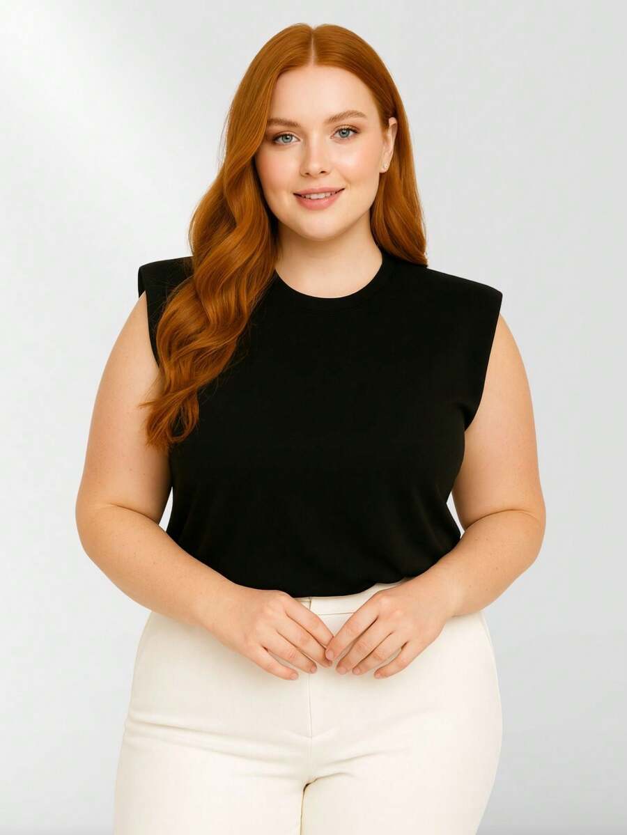 Women's Plus Size Muscle Tee, 100% Premium Cotton, Basic Casual Style - J00 - Black - View 1