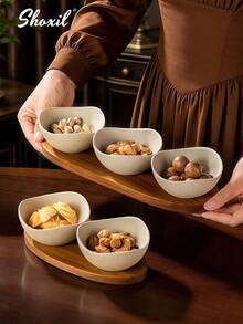 shoxil 1 Set Rustic Ceramic Snack Bowls With Rosewood Tray, 2/3/4 Compartment Multi-Use Dried Fruit Nut Dish, Creative Divider Plate For Serving Sliced Fruits, Suitable For Home, Restaurant, Party - Bowl - View 8