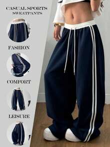 Women's Contrast Trim Drawstring Side Stripe Casual Lounge Pants - Navy Blue - View 3