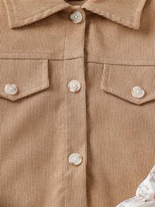 2pcs/Set Girls Spring/Autumn Jacket Outfit, Long Sleeve Collar Short Jacket + Floral Suspender Dress - Khaki - View 4