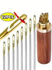 12pcs Stainless Steel Easy Thread Side Hole Sewing Needles, Hand Stitching Pins For Seniors, DIY Home Craft Supplies - White, Stitching Pins - 彩色 - 查看 1