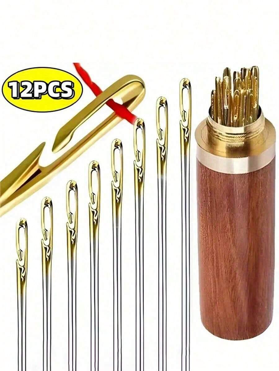 12pcs Stainless Steel Easy Thread Side Hole Sewing Needles, Hand Stitching Pins For Seniors, DIY Home Craft Supplies - White, Stitching Pins - 彩色 - 查看 1
