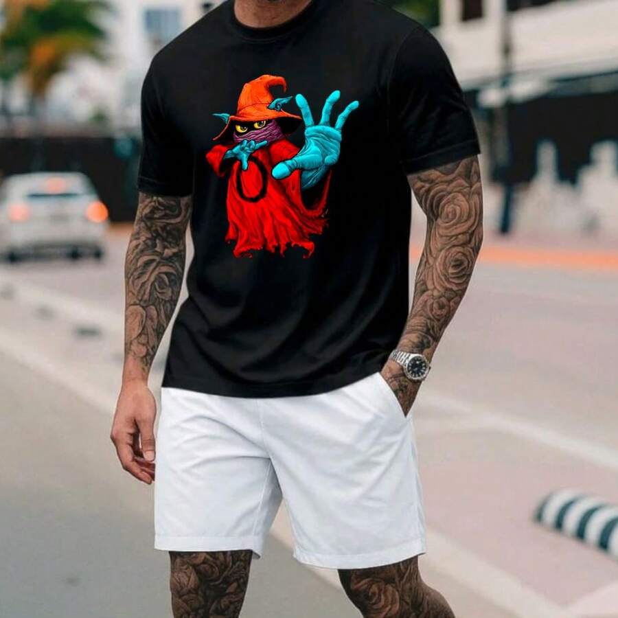 Men's T-Shirt With Letters Print, 100% Cotton - 黑色 - 查看 1