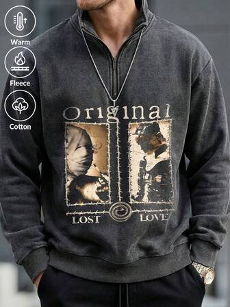 Herrtröja med långärmad dragkedja och lös passform, bokstavs- och figurtryck