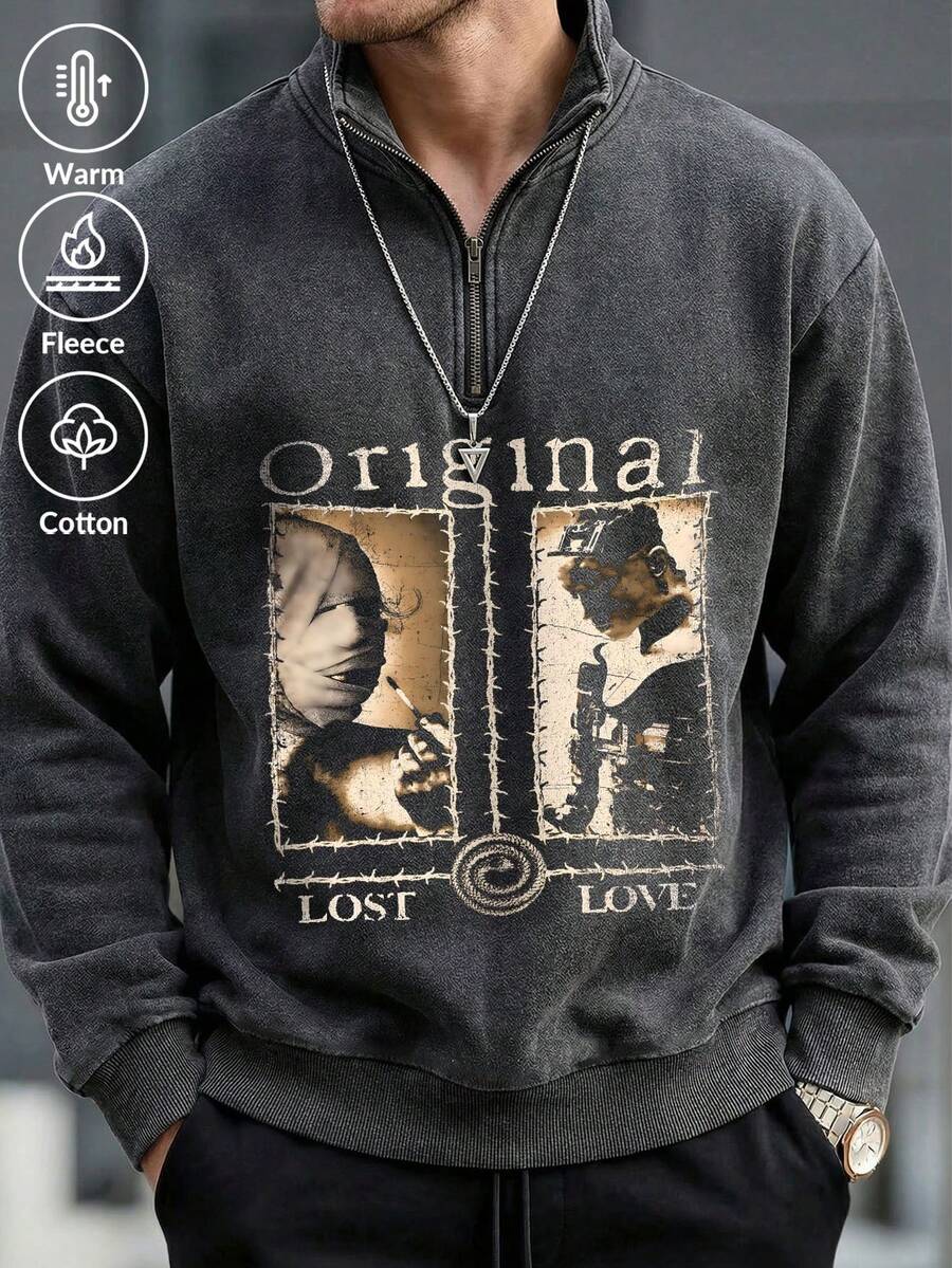 Herren Langarm Lässig Loose Sweatshirt mit Buchstaben- und Ziffern-Muster, mit Reißverschluss - Schwarz - Übersicht 1