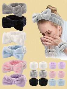 3pcs Headband Set: Bow Headband, Headband Wristband, Face Towel Wristband, Absorbent Wristband, Reusable SPA Headband Bracelet, Solid Color Plush Headband, Fuzzy Headband, Yoga Headband, Hair Scrunchies, Ultra-Soft Fiber Headband, Women Wristband, Adjustable Makeup Headband, Yoga Sports Headband Sweatband, Suitable For Bathroom Cleaning, Travel, Gifts - Multicolor - View 1