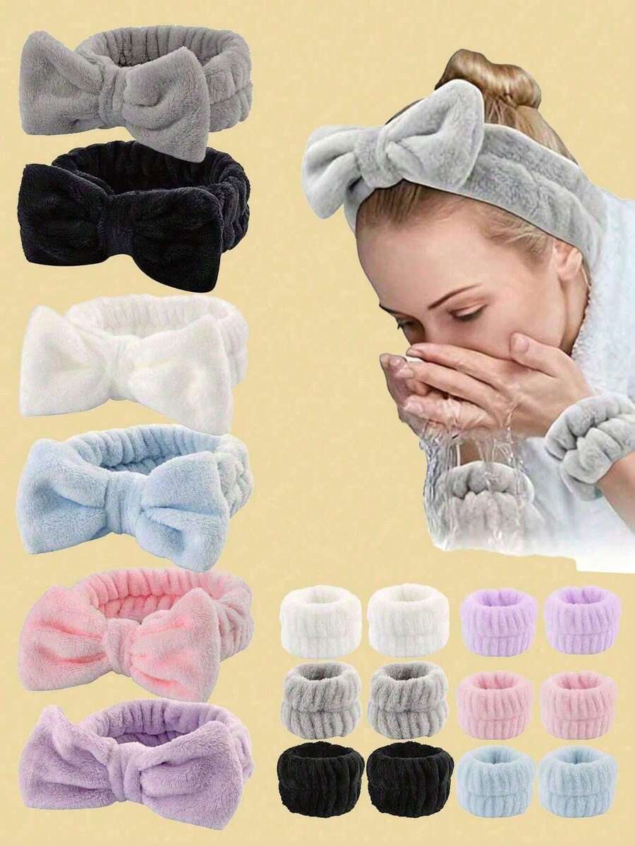 3pcs Headband Set: Bow Headband, Headband Wristband, Face Towel Wristband, Absorbent Wristband, Reusable SPA Headband Bracelet, Solid Color Plush Headband, Fuzzy Headband, Yoga Headband, Hair Scrunchies, Ultra-Soft Fiber Headband, Women Wristband, Adjustable Makeup Headband, Yoga Sports Headband Sweatband, Suitable For Bathroom Cleaning, Travel, Gifts - Multicolor - View 1
