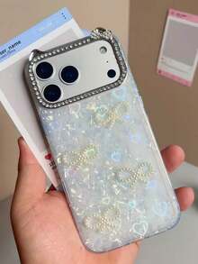 3D Pearl Bow Shell Pattern Rhinestone Cat Ear Protective Phone Case, Suitable For IPhone 17 15 16 14 13 12 Pro Max 14 15 16 Plus 11 17 15 13 16, Shock-Resistant Frame Back Cover - White - View 3