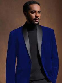2026 Men's Casual Blazer & Pant Set  Men's 2 Piece Velvet Suit Peak Lapel One Button Slim Fit Tuxedo Blazer Party Dinner Jacket & Pants Relaxed Stretch Fit For Smart Casual Events - 藍色披肩領 - 查看 3