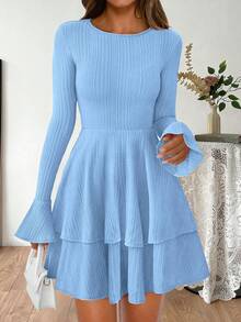 Womens Fall Fashion Long Bell Sleeve Mini Sweater Dress Casual Crewneck A Line Knit Short Cocktail Dresses - Blue - View 4