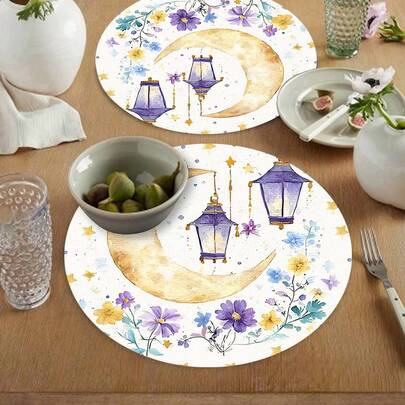 1/2/4/6/8/300pcs Set, Luxury Round Placemats, Decorated With Purple Floral Wreath, Moon And Lantern Patterns, Size 15*15 Inches/38*38cm, Multiple Patterns Available, Suitable For Ramadan Dining And Home Decor
