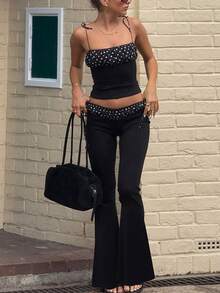 女士情人节波点印花吊带背心和喇叭裤时尚套装 - 黑色 - 查看 4
