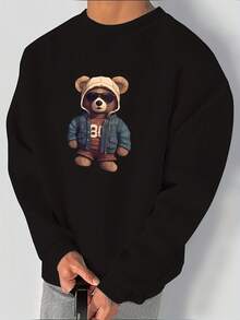 Fashion Print Crew Neck Sweatshirt - 黑色 - 查看 1