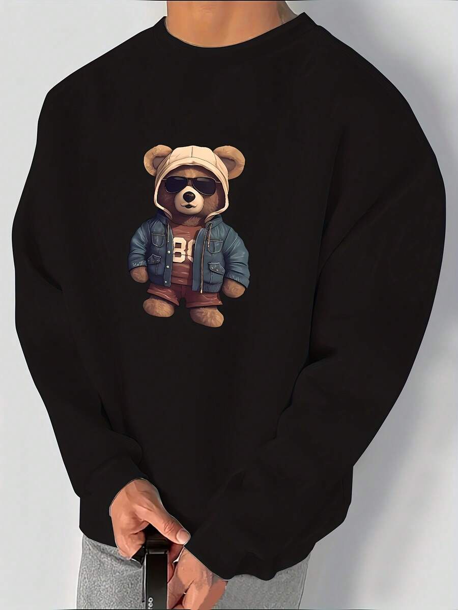 Fashion Print Crew Neck Sweatshirt - 黑色 - 查看 1