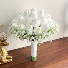 白色马蹄莲郁金香花束，触感逼真，适合新娘/伴娘婚礼，手工仿真新娘结婚花束，婚礼配饰，情人节家居婚礼派对装饰 - 白色 - 查看 4