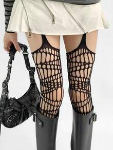 Large Grid Suspenders Stockings - Hot Girl Street Style Open-Toe Long Stockings - Punk Style Unique Leg Stockings - Irregular Socks - Asymmetric Knee-Length Culottes - 彩色 - 查看 14