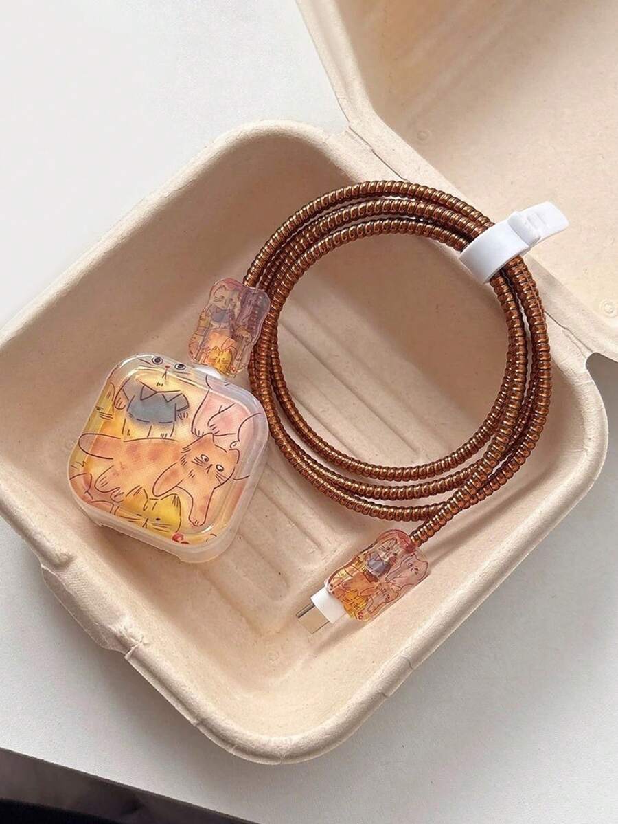 Set de 5 piezas de protector de cable y adaptador de carga con diseño de gato de café, compatible con cargador de 40W para iPhone 17 Pro/17 Pro Max - Multicolor - Ver 1