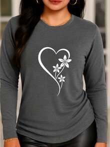 Women's Casual Long-Sleeved T-Shirt With Asymmetrical Floral And Heart Print. Regular Fit, Machine Washable, Suitable For All Seasons. Comfortable And Casual Wear, Durable For Casual Attire And Special Occasions. - 深灰色 - 查看 4