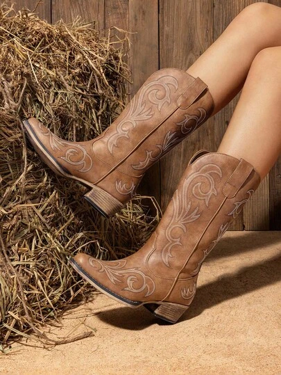 Women's Fashionable Western Boots Slip-On Waterproof Mid-Calf Boots For Parties & Proms