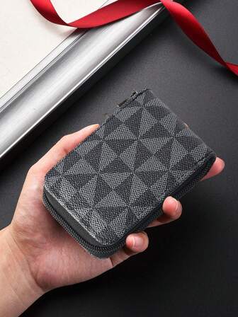 HOVI'S 10x7.2cm メンズ ウィンドミル チェック柄 カードホルダー、PUレザー ジッパー式 財布、透明IDウィンドウ、複数のカードスロット、10枚以上のカードが収納可能