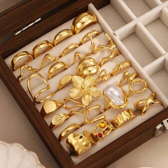 2/6/7/15pcs Fashion Metal Flower & Geometric Ring Set, Baroque Faux Pearl Decor, Suitable For Women's Daily Matching