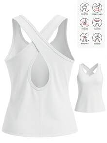Women's Criss-Cross Strap Fitness Tank Top, Workout Activewear Sleeveless Shirt, Casual Running Vest - Blue and White - View 10