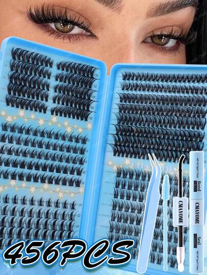 456 piezas Kit de extensiones de pestañas postizas con pegamento y sellador, pinzas, varitas de rímel, kit amigable para principiantes, aspecto suave y natural, pestañas postizas duraderas y esponjosas, portátil para viajes, pestañas postizas + clip de pestañas + cepillo, fácil de usar, 5 en 1 estilos mixtos de pestañas postizas para diferentes maquillajes de ojos, diarios/pesados/fiesta/boda/ojos de zorro/ojos de gato