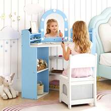Lifezeal Corner Kids Vanity With Lights, 3 Storage Shelves, 5 Open Compartments, Accessories Pink/Blue + White - 藍色 - 查看 4