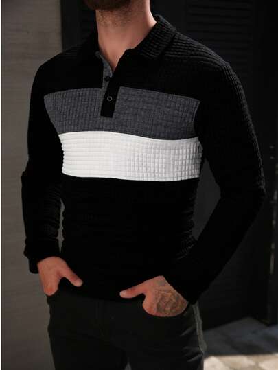 1pc Men's Polo Shirt, Collar Patchwork Contrast Color, Textured Small Plaid Jacquard Fabric, Fashion Casual Versatile Long Sleeve, Suitable For Spring/Autumn Daily Wear