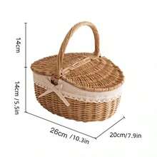 Wicker Picnic Basket With Lid, Vintage French Country Style Rattan Storage Basket, Lace Bow Decor, Outdoor Camping, Beach, Park, Garden Party Photography Prop, Home Storage Gift - Multicolor - View 13