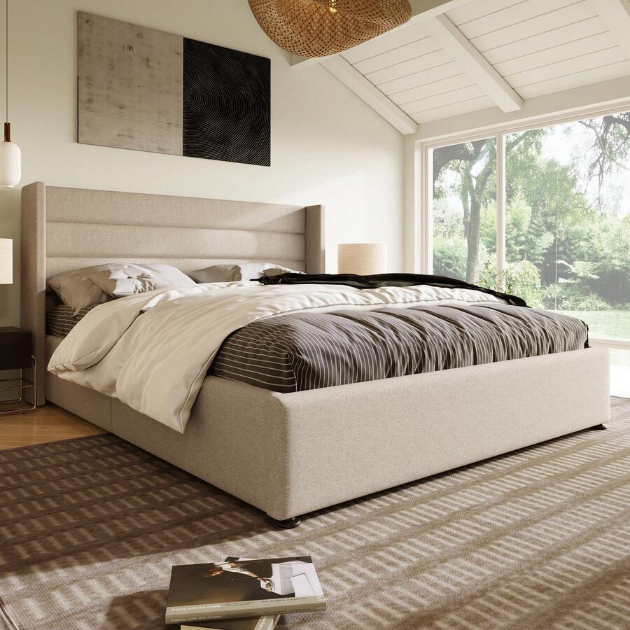 Storage Bed, Upholstered Bed, Hydraulic Double Bed 140x200cm, Including Mattress, Wooden Slatted Base, Bed With Metal Slatted Frame, Linen, Beige