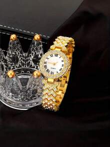 2 piezas Reloj de mujer de moda casual con esfera de números romanos y diamantes completos, con set de accesorios de joyería que incluye pulsera con strass, regalo de fiesta, boda, playa, vacaciones o San Valentín